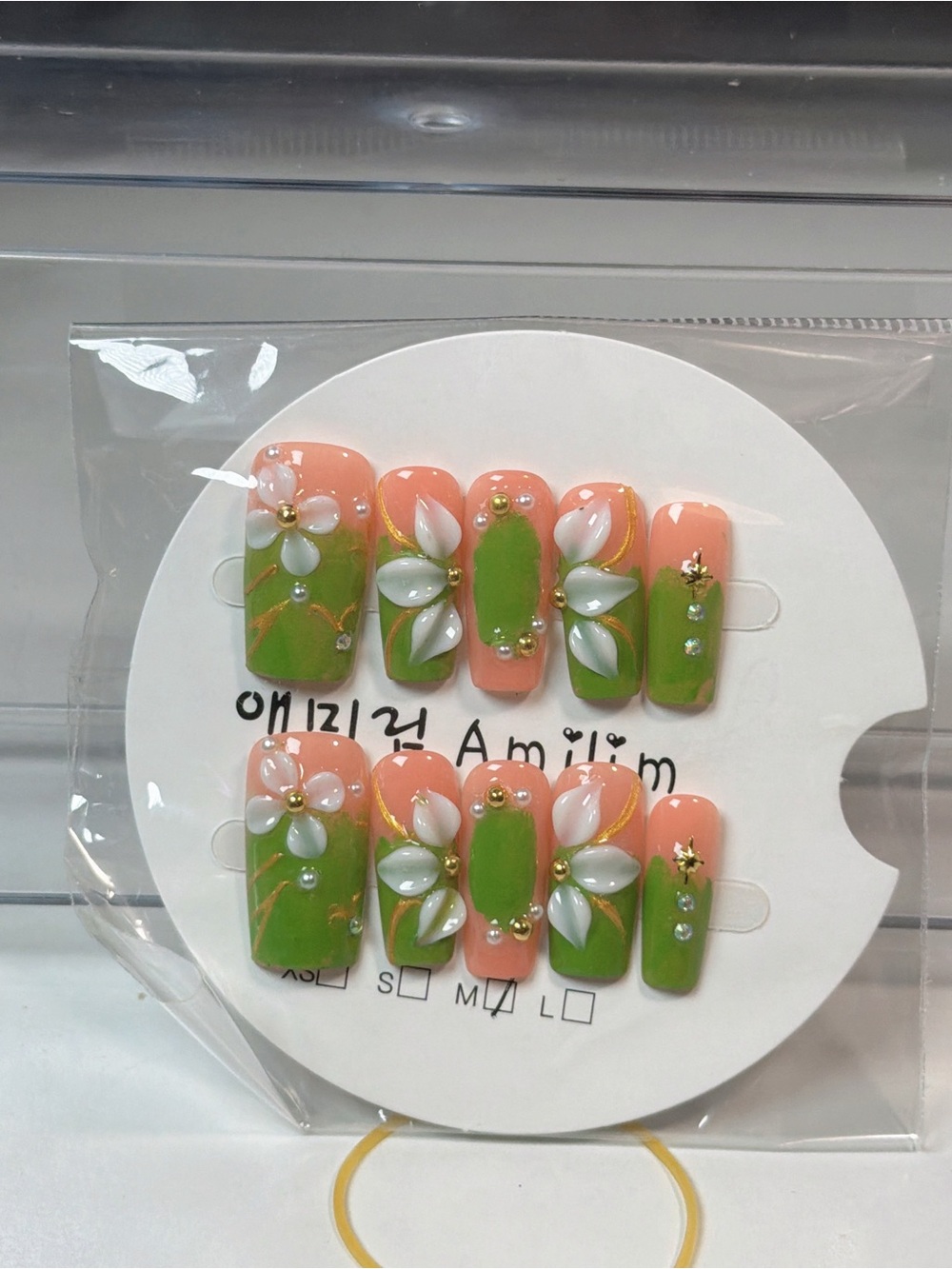 Peach & Green Floral Press-On Nail Set with 3D Petal Accents